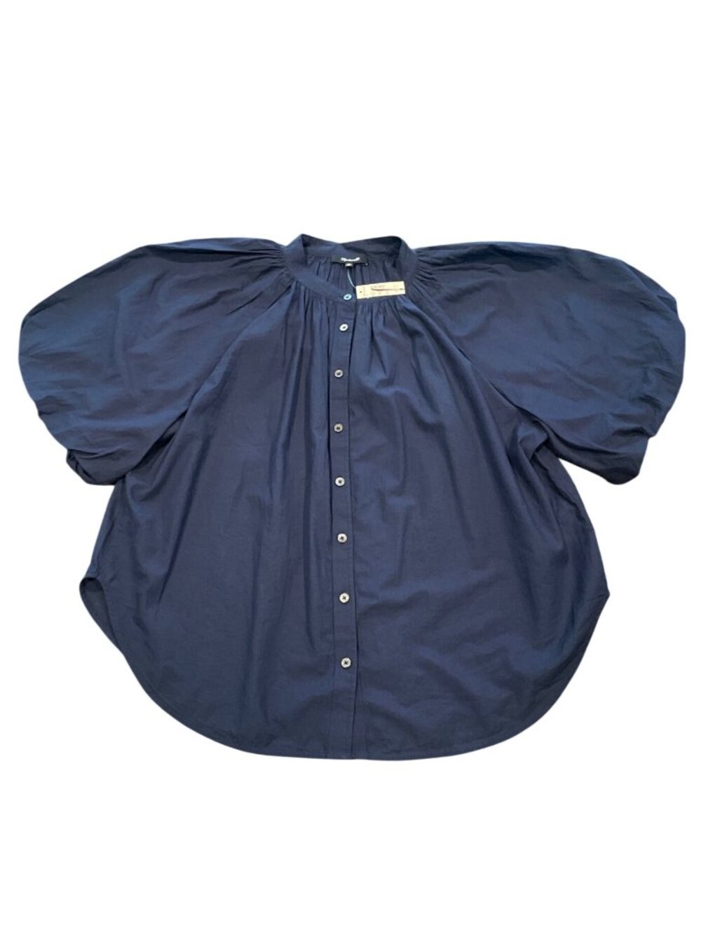 NWT Madewell XL Shirred Balloon-Sleeve Top Navy Blouse Cotton Voile Button Front - Picture 4 of 11